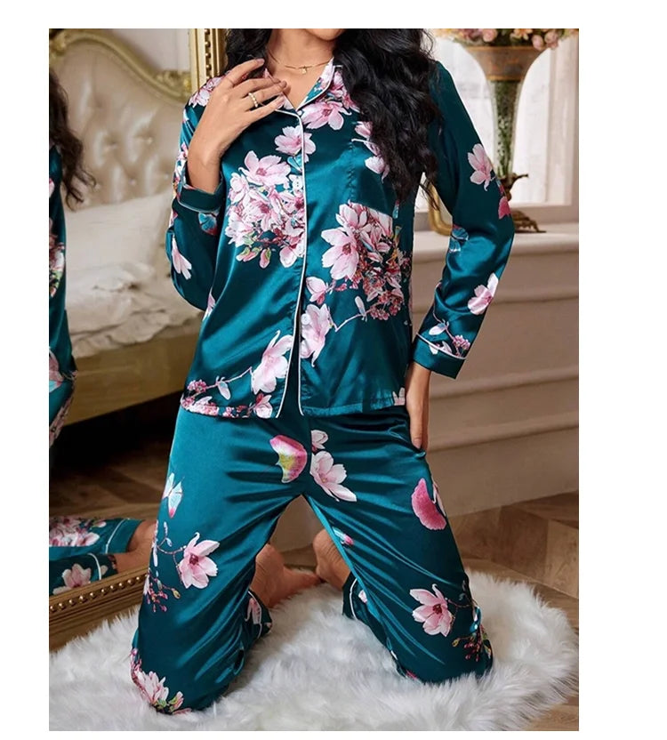 Pajamas For Women's Floral Print Long-Sleeved Sleepwear Button Down 2 Piece Soft Loungewear Pjs Set Pajama Pants Homewear