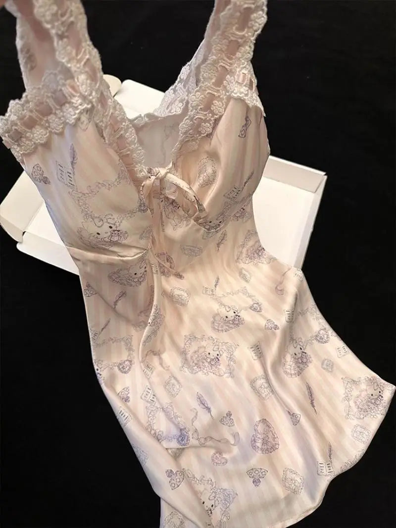 Sanrios Suspenders Nightgown Hello Kittys Ice Silk Pajamas Loose Clothes Simple Trendy Thin Printed Skirt Creative Hot Selling