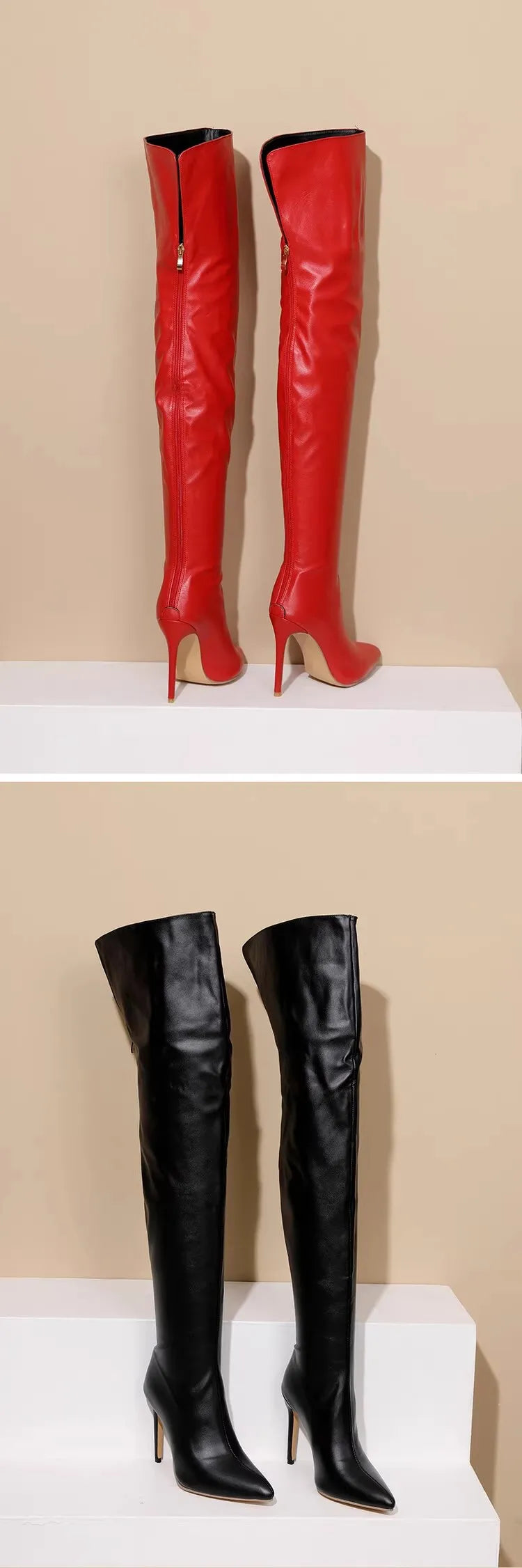 Women Boots Red Black Pointy Toe Thigh High Long Boots Autumn Winter Zip Over-the-Knee Boots Party Shoes Plus Size 46 Stiletto