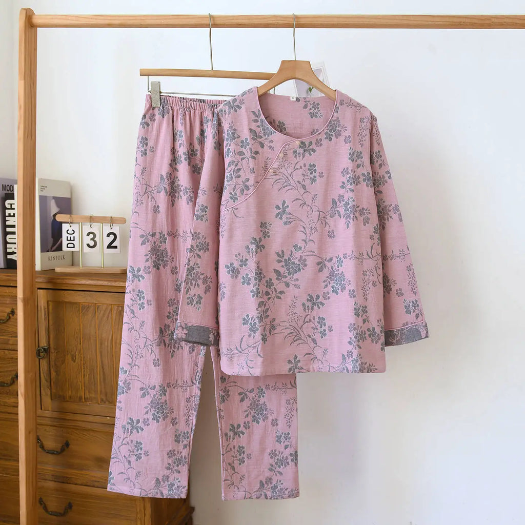 Round Neck Plum Blossom Printing Cotton Color Woven Homewear Women's Pajamas Set National Style Long Sleeve Long Trousers