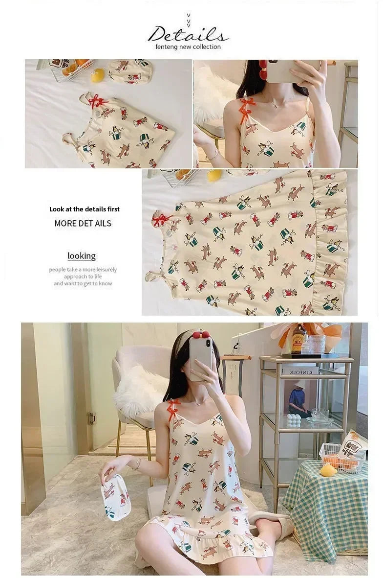New with Bra Pad, Free Eye Mask, Sling, Loose and Cute Cartoon Animal Pajamas, Nightgown Role-playing Sleepwear Women