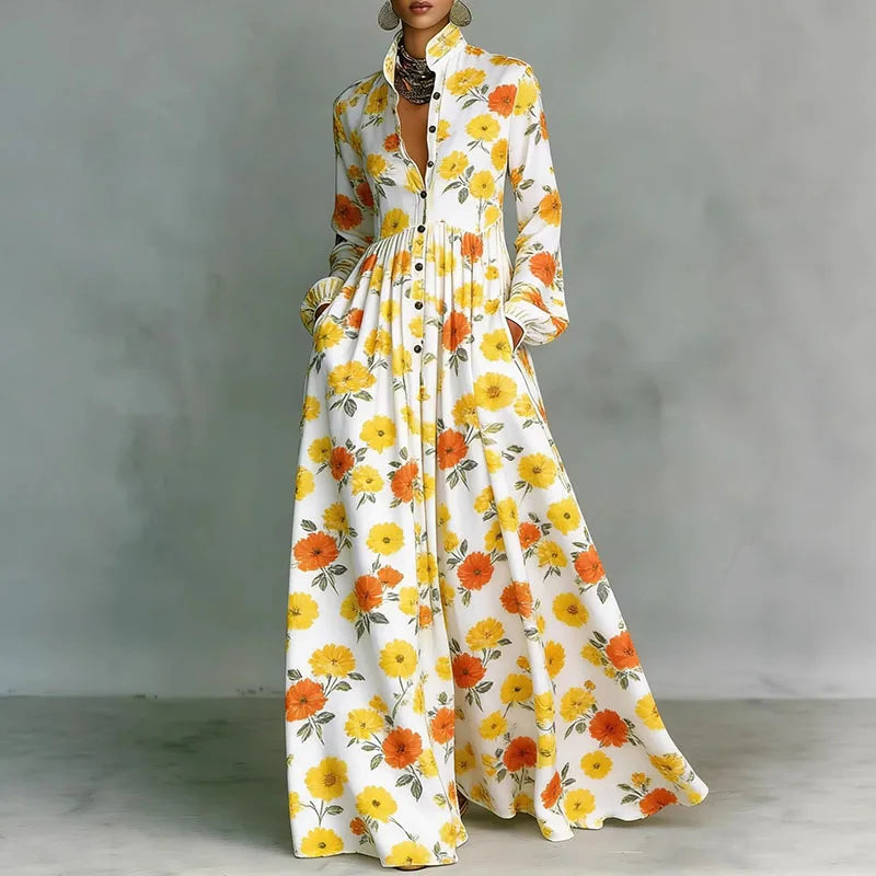 Retro Pattern Print High Waist Pleated Dress Woman Spring Shirt Collar Button Pockets Maxi Dress Long Sleeve Boho Vacation Dress