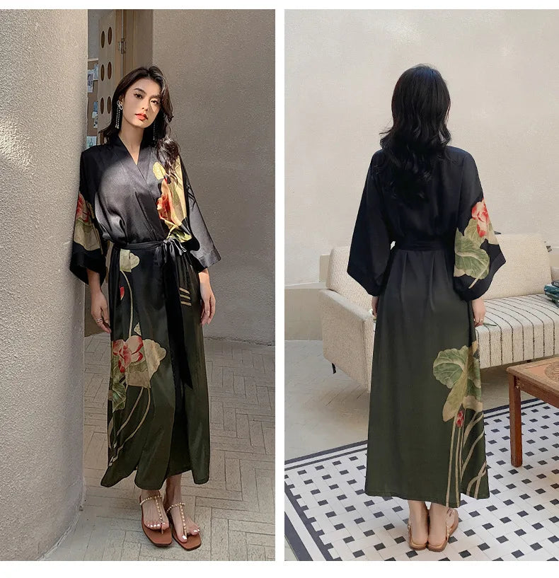 New Spring Summer Female Long Robe Nightgown Sexy Print Flower Kimono Bathrobe Gown Casual Silk Satin Home Dress Lounge Wear