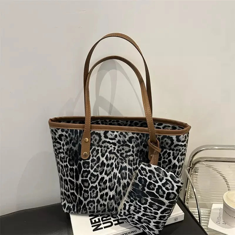 Women's Leopard Print Tote bag Pu Leather Underarm Bags Simple Casual Travel Shopping Bag Large Capacity Mother and Child Packag