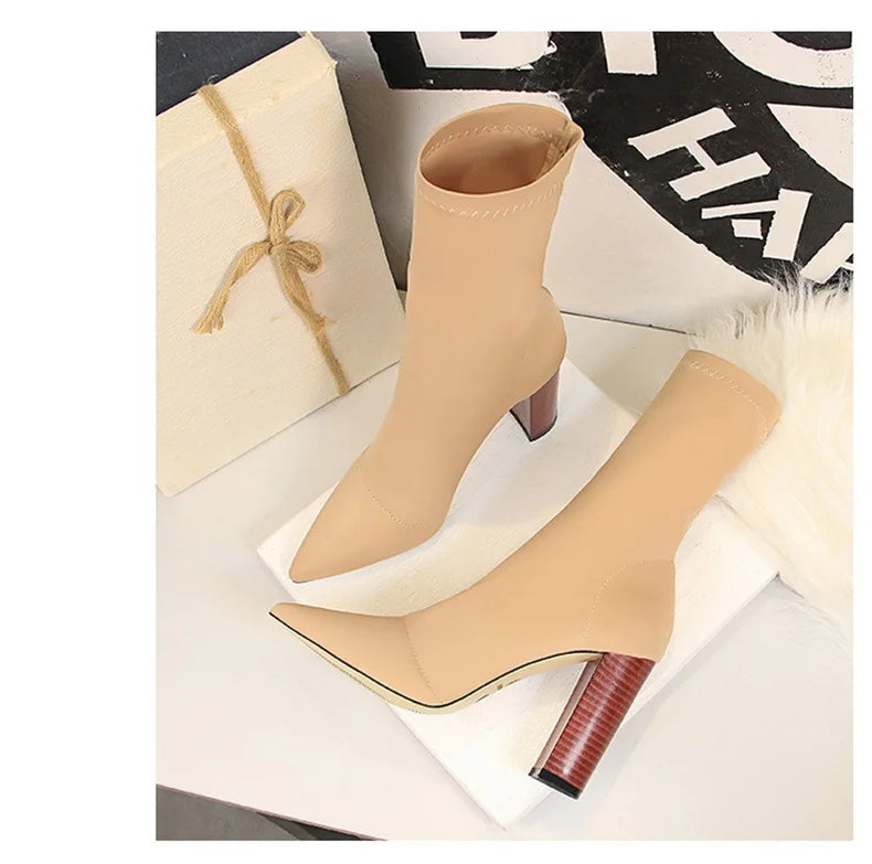 Mid-Calf Boots 2024 New Women Stretch Sock Boots Chunky Block Heels High Heels Silk Shoes Solid Color Short Boots Autumn 3129-3