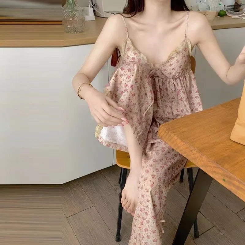 Women's New Pajamas Homewear Set Summer Retro Small Broken Flowers Halter Short-Sleeved Long Pants Thin Pajamas Homewear Set