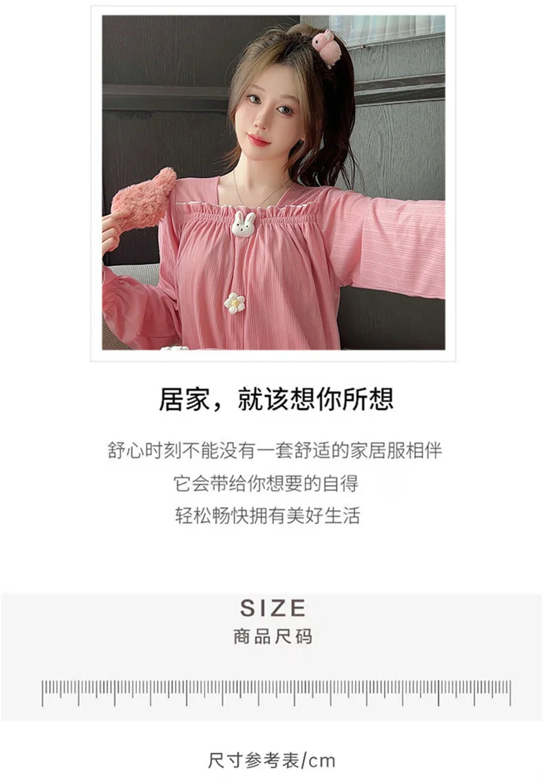 Autumn Winter New Women Cotton Nightdress With Chest Pad Long Dress Sweet Loose Long Sleeve Home Wear