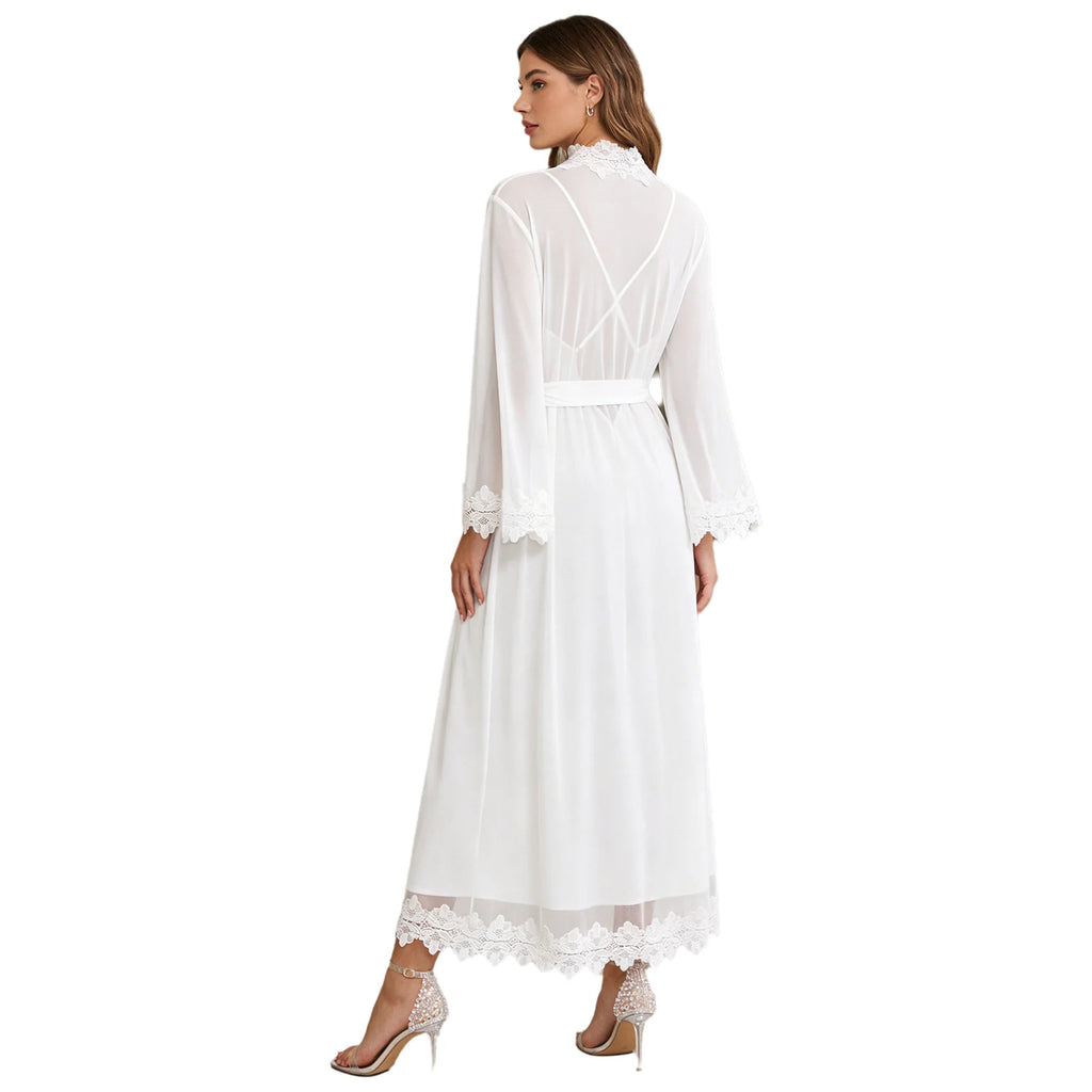 Womens Floral Lace Nightgown Set Long Sleeve Sheer Mesh Robe with Backless Satiny Sling Dress Gown Belt for Bride Wedding Night