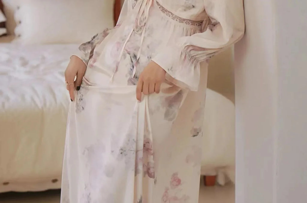 Floral Print Women Nightgown Summer Lace Patchwork Ice Silk Ladies Night Dress Long Sleeve Sexy Lace Up Nightdress for Female