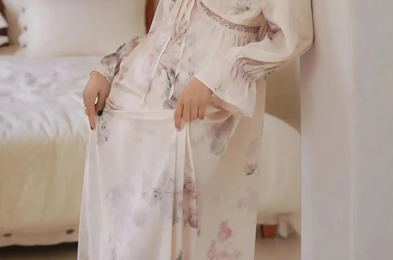Floral Print Women Nightgown Summer Lace Patchwork Ice Silk Ladies Night Dress Long Sleeve Sexy Lace Up Nightdress for Female
