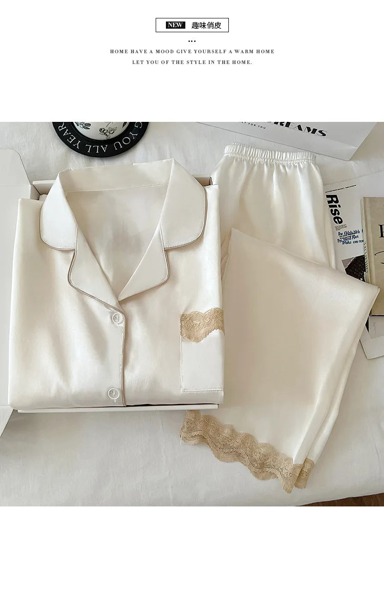 Women's Spring/Autumn Ice Silk Nightwear Set Luxurious Lace Trim Long-Sleeved Lightweight Homewear Actual Product Photography