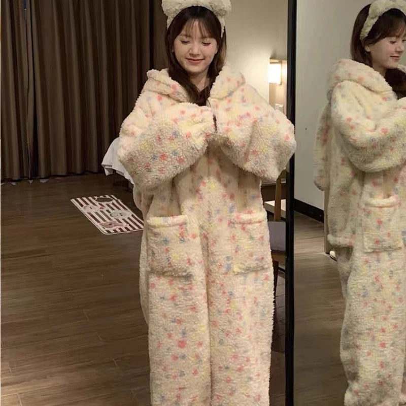 Rabbit Ears Onesie Pajamas Girl's Coral Fleece Thickened Sweet Hooded Nightgown Women's Homewear Long Sleeve Homeclothes Winter