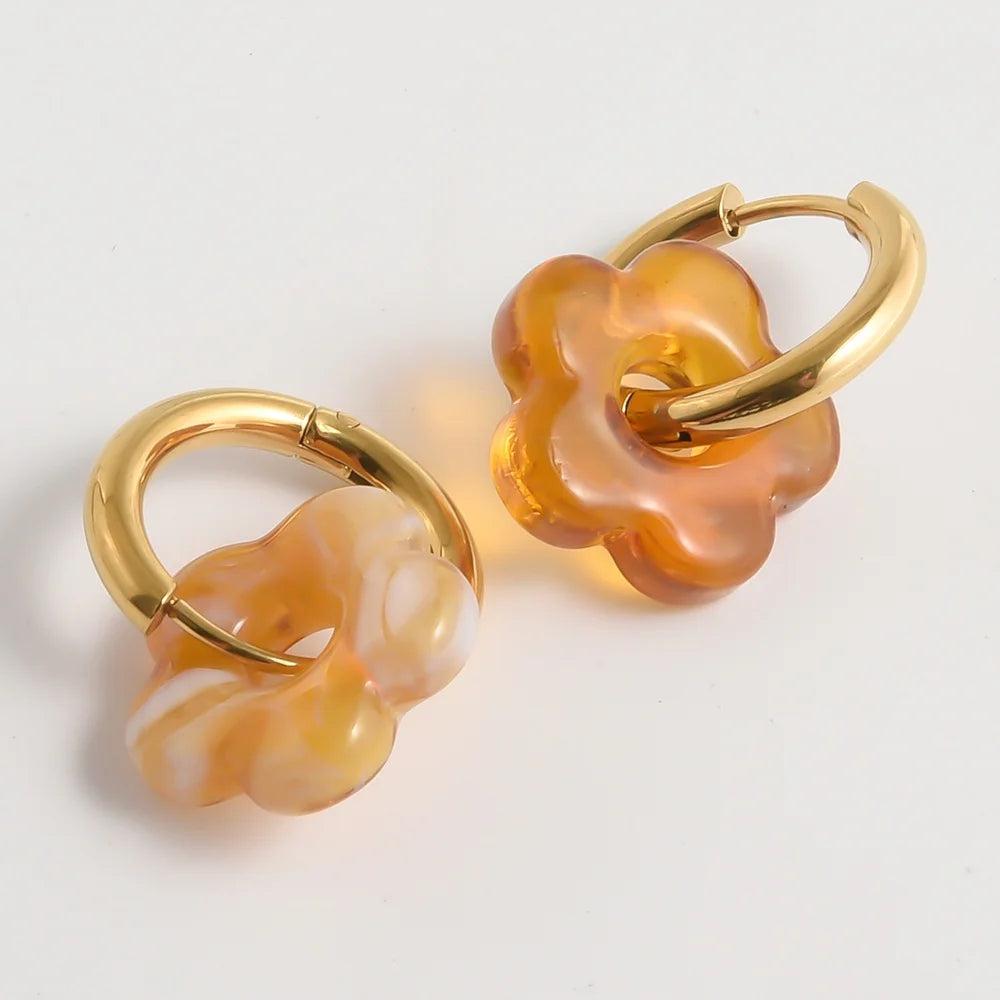 Colorful Flower Glass Drop Charms Earring Gold Color Circle Ear Buckle Hoops Stainless Steel Earrings Fashion Jewelry for Women