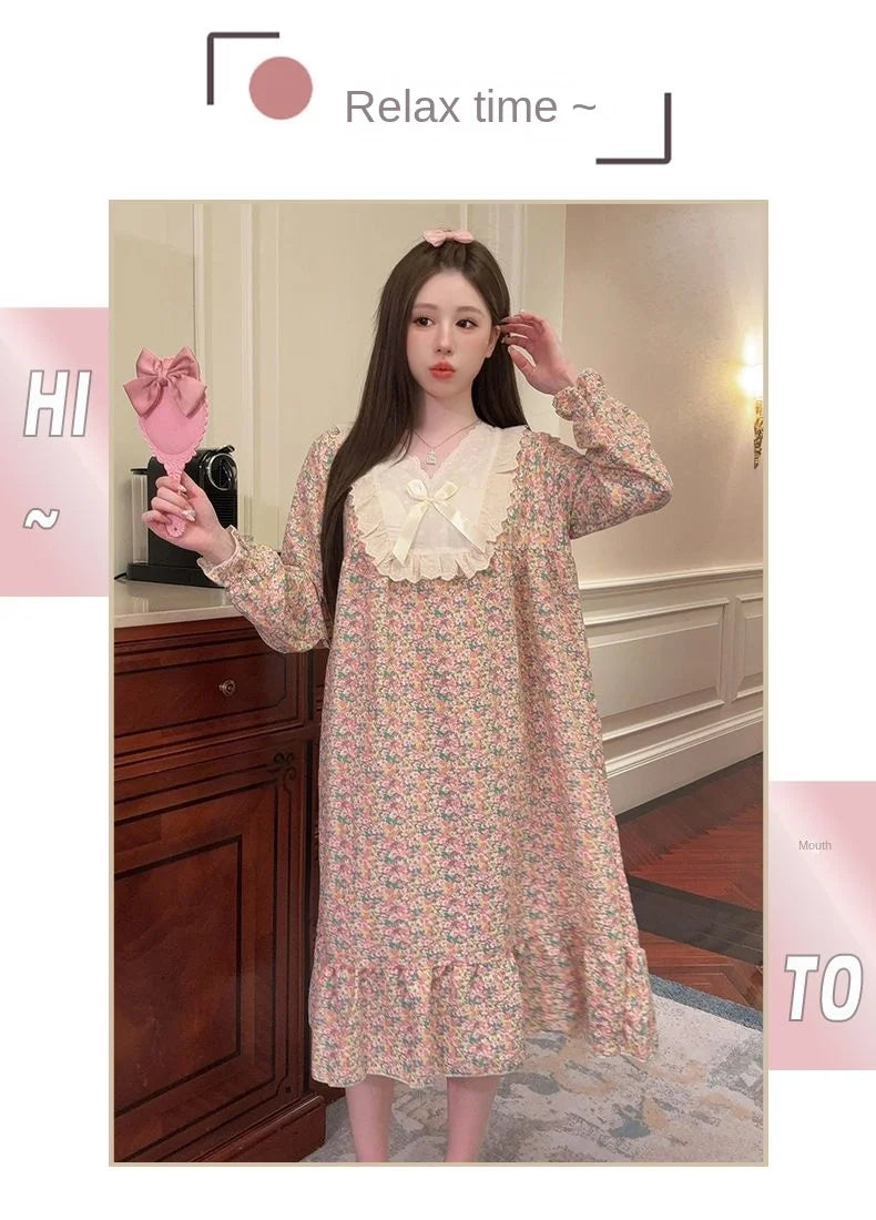 2026 Comfy Long Sleeve Home Dress, Women's Floral Print Loungewear for Spring Autumn, Oversize Sweet Korean Style