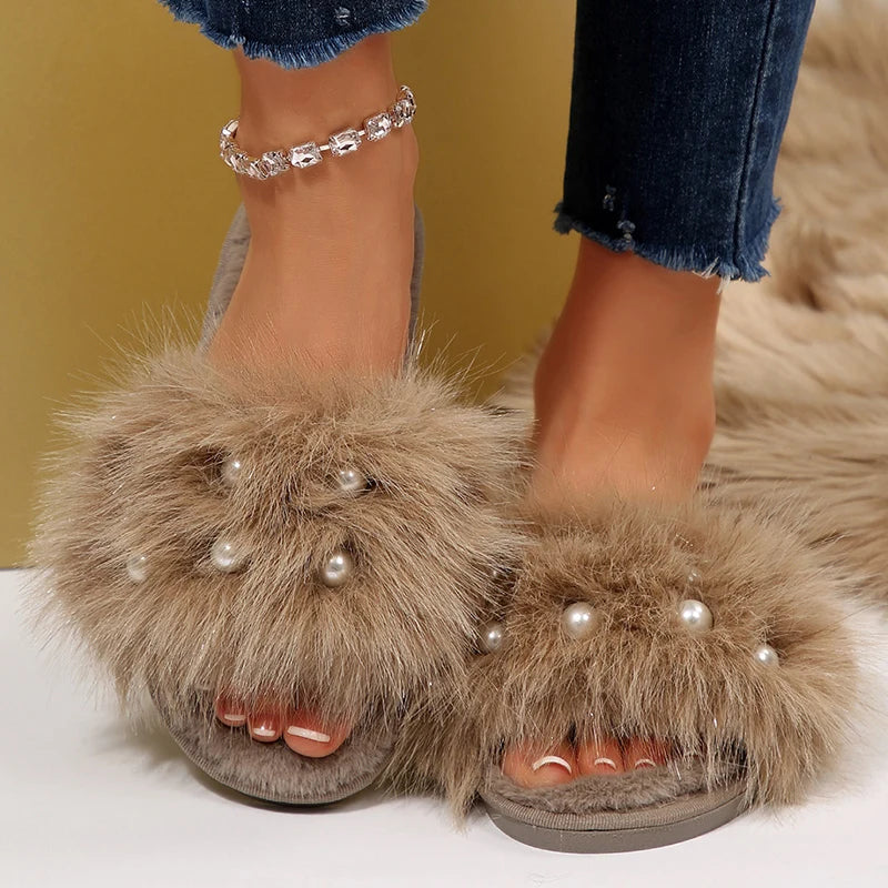 Elegant Pearls Cotton Slippers Women 2025 Winter Indoor Plush Home Slides Woman Open Toe Soft Sole Cotton Slippers Ladies