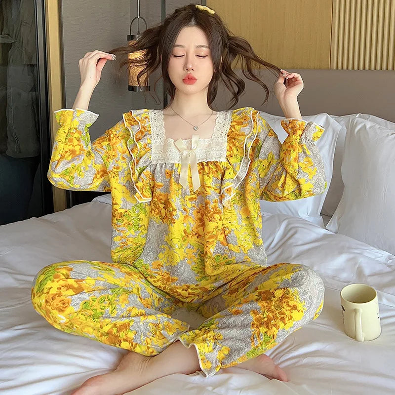 100kg Plus Size Cherry Print Pajama Women Korean Sweet Spring Long Sleeve Top Long Pants Plaid Homewear Princess Loose Outfits