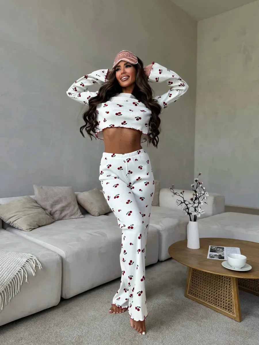 Autumn Winter Pajama Set Women 2pcs Y2K-Style Cherry Print Cuffed-Long-Sleeve Tops and Long Trousers Sleepwear Homewear