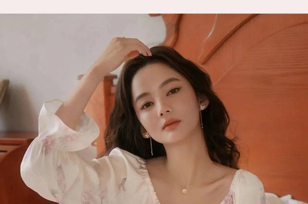 Floral Print Women Nightgown Summer Lace Patchwork Ice Silk Ladies Night Dress Long Sleeve Sexy Lace Up Nightdress for Female