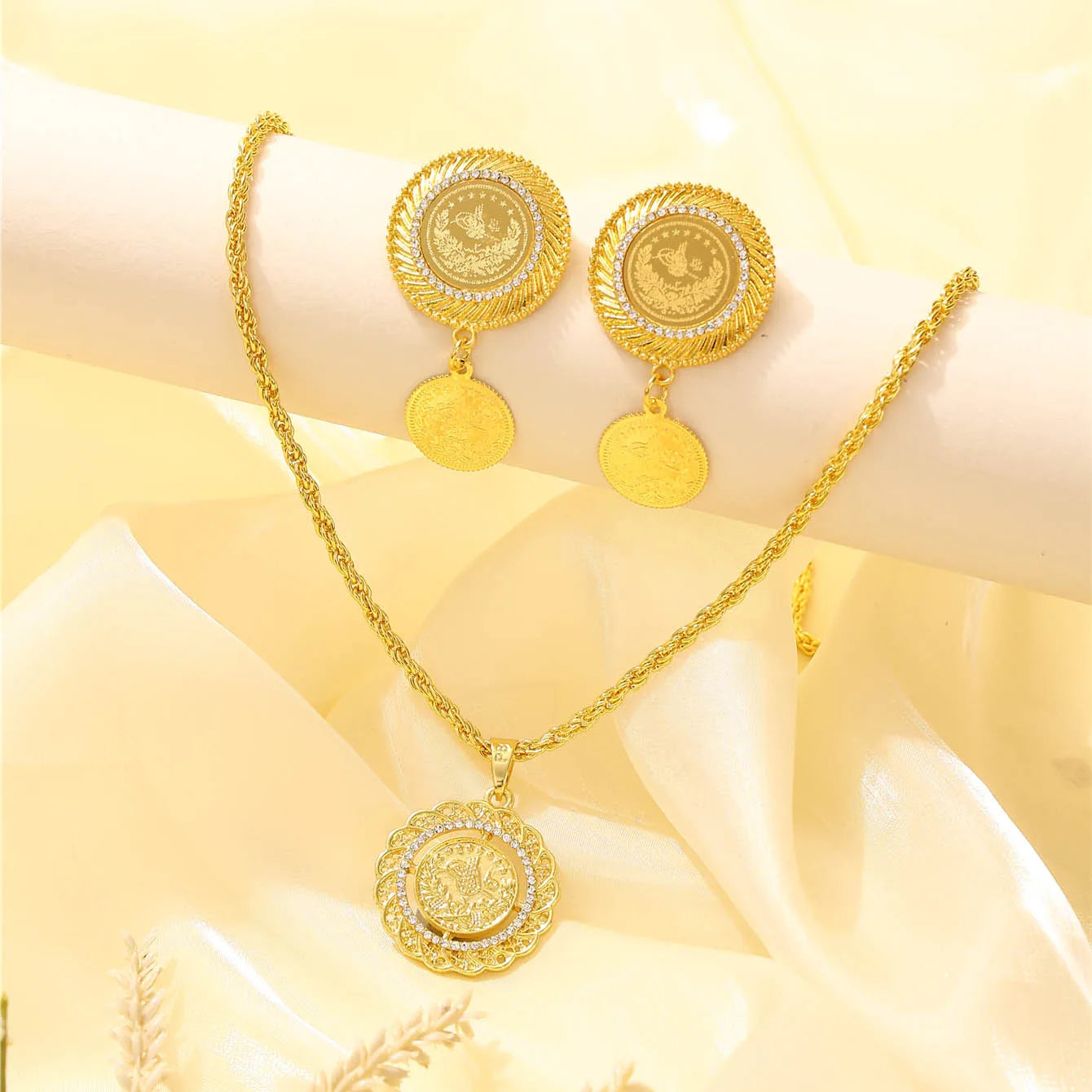 Turkish coin-shaped ladies' jewelry set, French vintage style, Moroccan wedding & festival jewelry