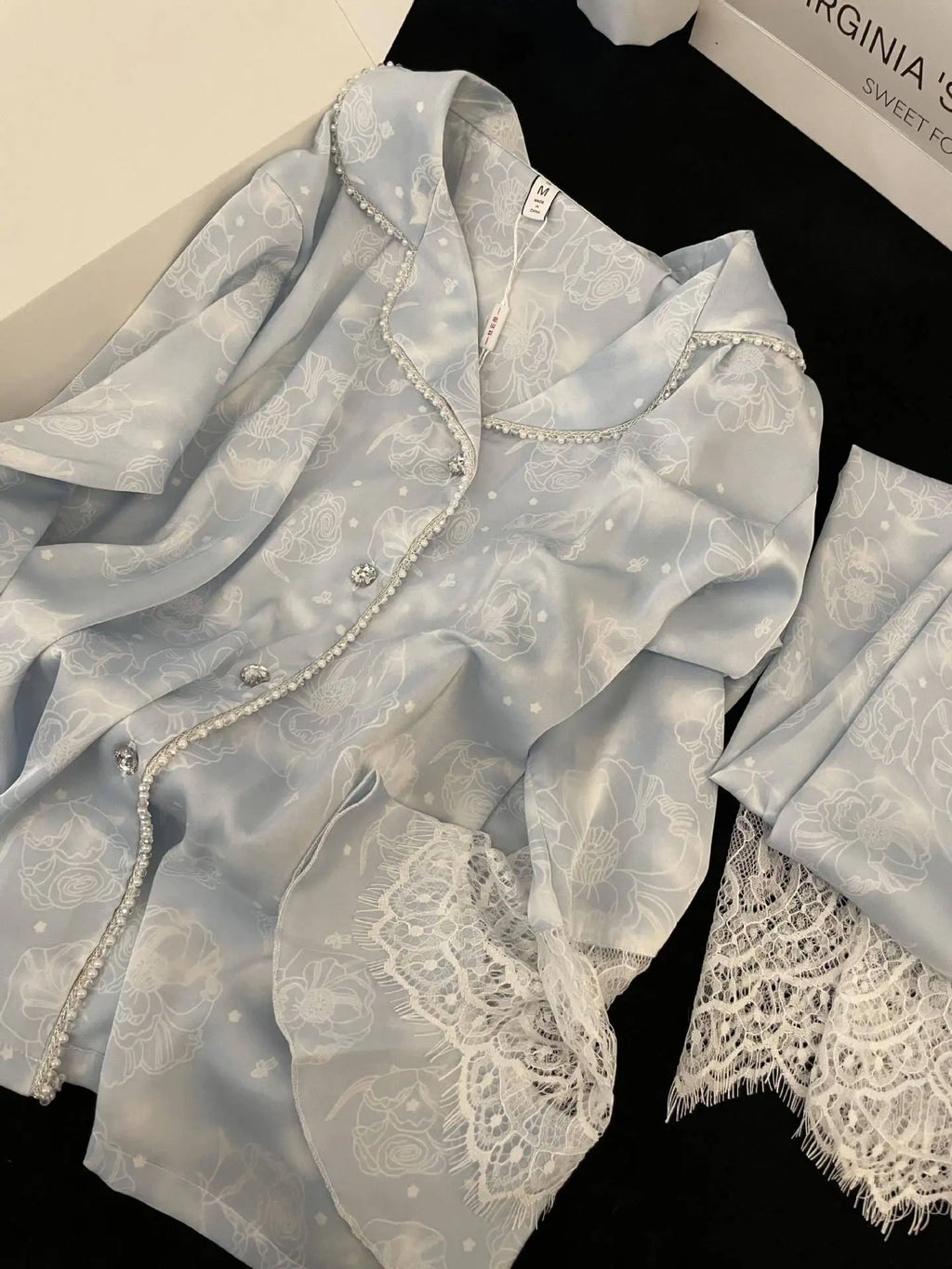 Plus Size 4XL Female 2PCS Pajamas Set Loungewear Sweet Girl Print Flower Lace Sleepwear Long Sleeve Pijamas Silk Satin Homewear