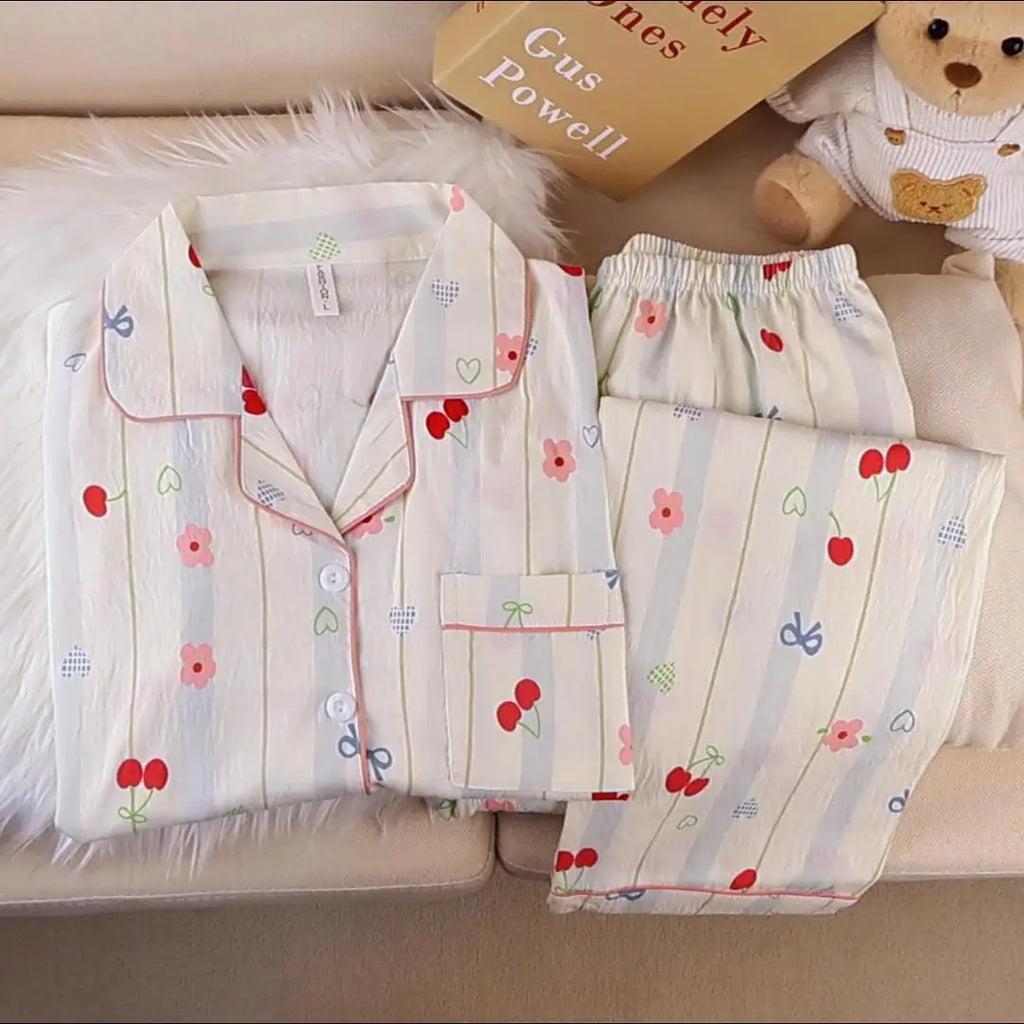 New Pajamas with Cherry Print for Girls Sweet Collared Cardigan Two-Piece Home Outfit Women's Sleepwear Homewear Student