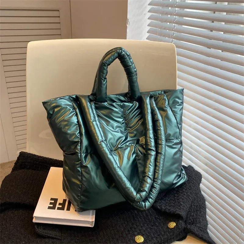 Designer Puffy Shoulder Bag Women Quilted Space Down Feather Padded Cotton Handbag Winter Large Capacity Warm Shopping Purse