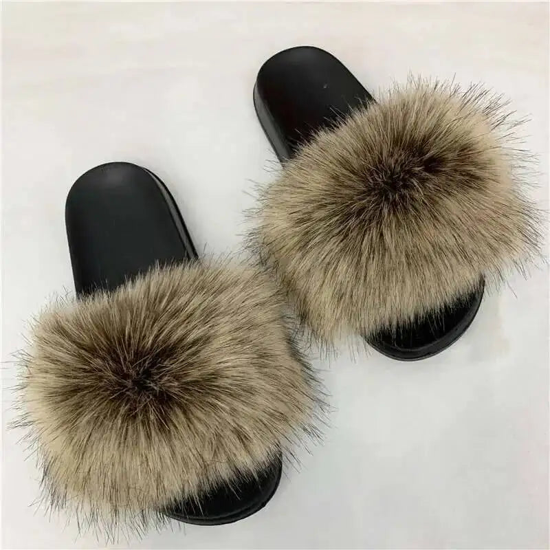 Ladies Fluffy Slippers Summer Women Faux Fur Soft Slides Stylish Open Toe Sandals Outdoor Indoor Furry Comfortable Beach Shoes