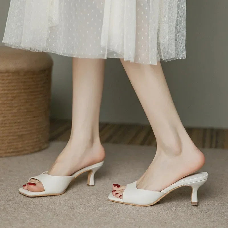 Genuine Leather French Slim Heel Slippers for Women's Summer New Fashionable Sandals Women Sweet Round Toe Slipper Ladies Shoes