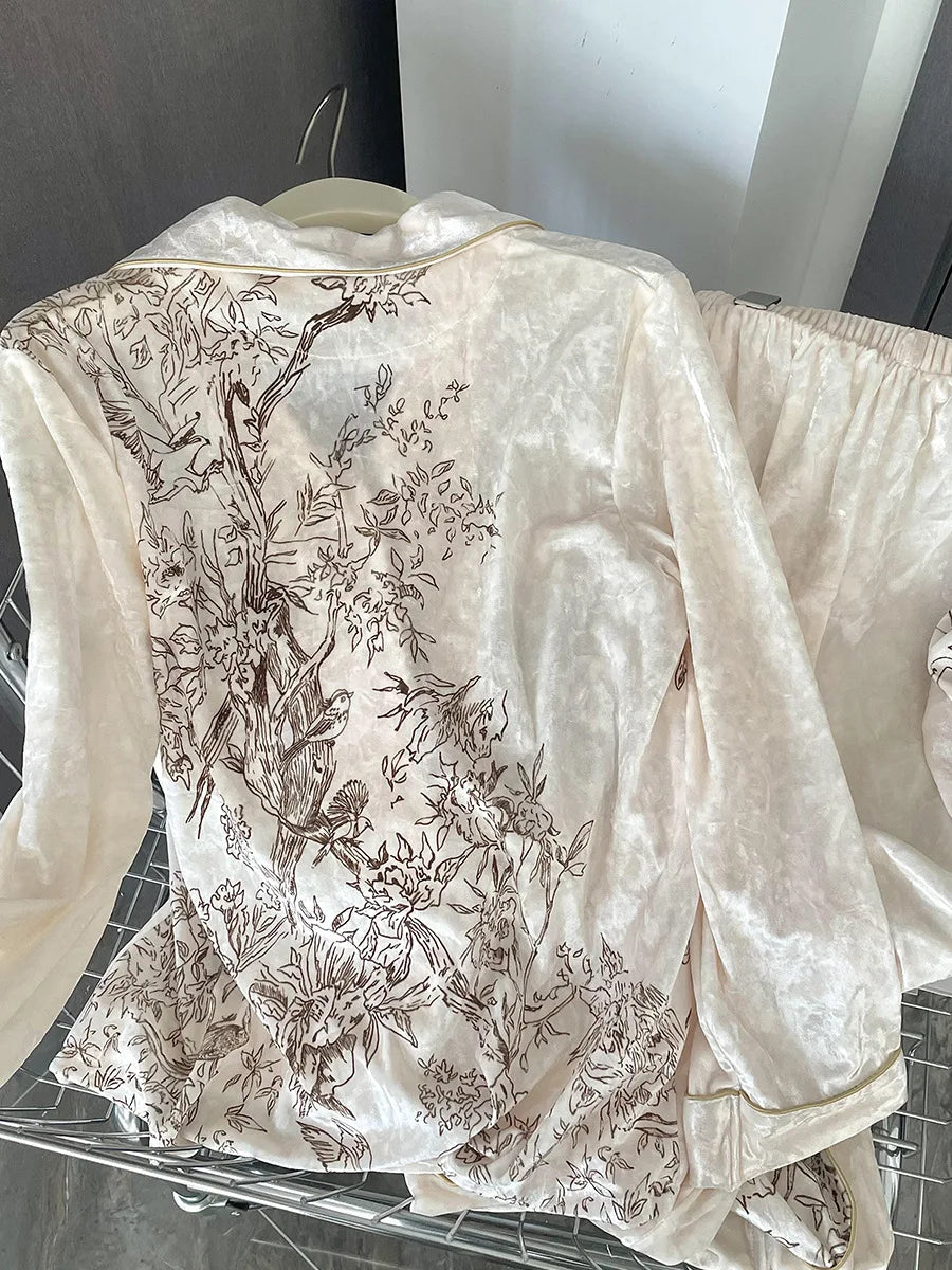 Light Luxury Style Women's Pajamas Gold Velvet Thick Floral Sleepwear Set Spring Autumn Long Sleeved Nightwear Home Clothing