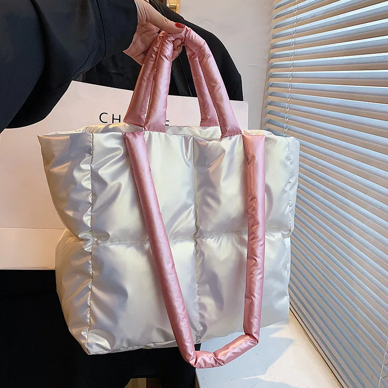 Designer Puffy Shoulder Bag Women Quilted Space Down Feather Padded Cotton Handbag Winter Large Capacity Warm Shopping Purse