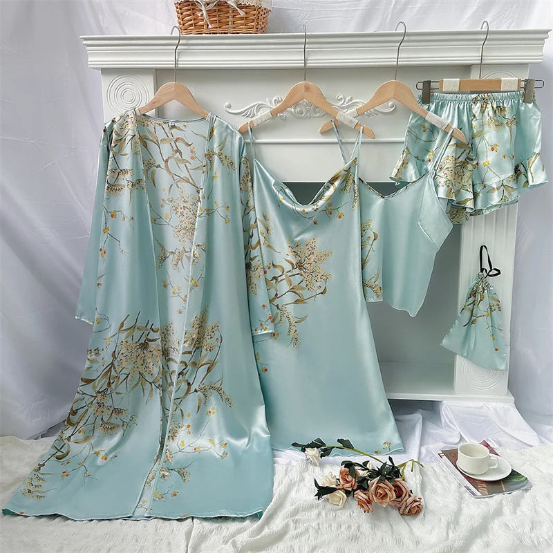 Elegant Print Flower Pajamas 5 Piece Set Women Casual Kimono Bathrobe Gown Sexy Silky Rayon Nightgown Loose Home Clothes