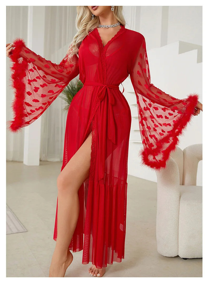 Sexy Bride Wedding Dress Soft Mesh Lace Flower Robe Long Kimono Nightwear Loose Bathrobe Feather Trim Big Sleeve Nightgown