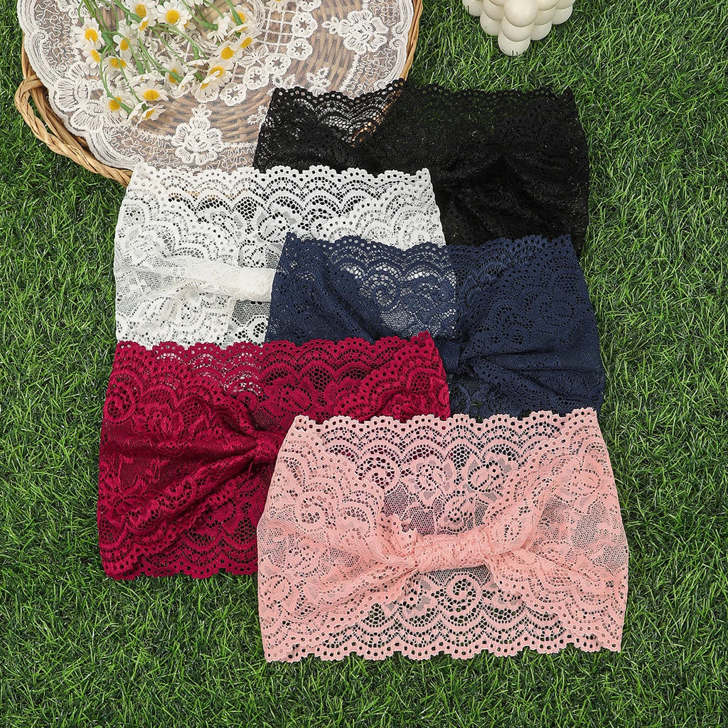 AWAYTR  Solid Color Lace Elastic Headbands Fashion Fabric Bow Wide Headband Hair Accessories For Women Knotted Hair Band