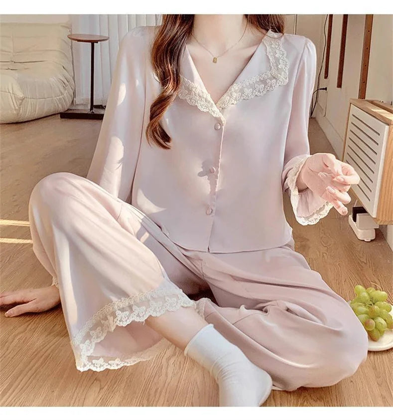 Two Piece Pajamas Set Women Satin Nightwear Home Clothes Spring Autumn Long Sleeve Shirt&pants Sleepwear Suit