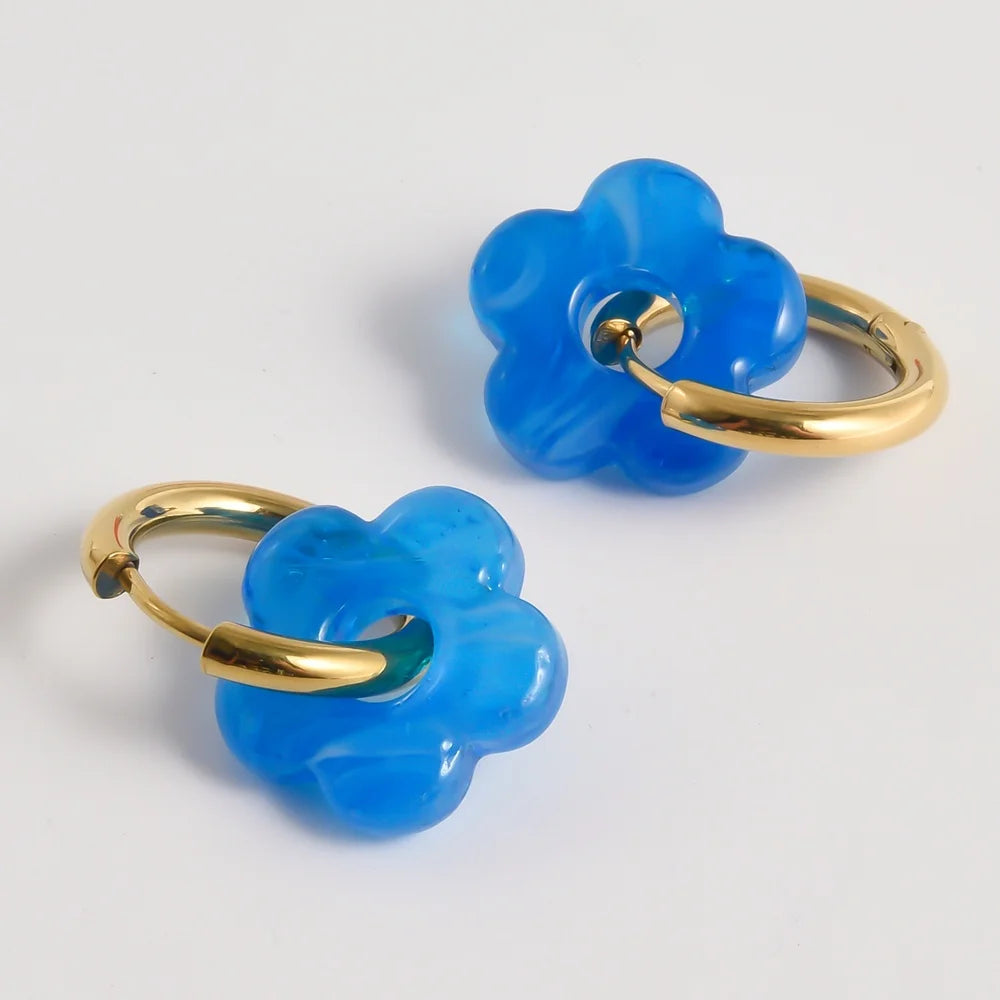 Colorful Flower Glass Drop Charms Earring Gold Color Circle Ear Buckle Hoops Stainless Steel Earrings Fashion Jewelry for Women