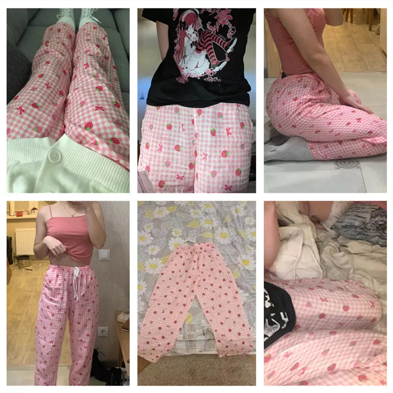 Women's Pure Cotton Pajama Pants Home Pants Double-layer Gauze Elastic Band Loose Casual Pants Cute Strawberry Home Pants 2024
