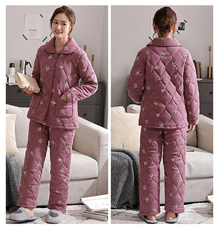 Winter three layer thick keep warm quilted jacket women's pajamas floral pijamas inverno M-XXXL sleepwear
