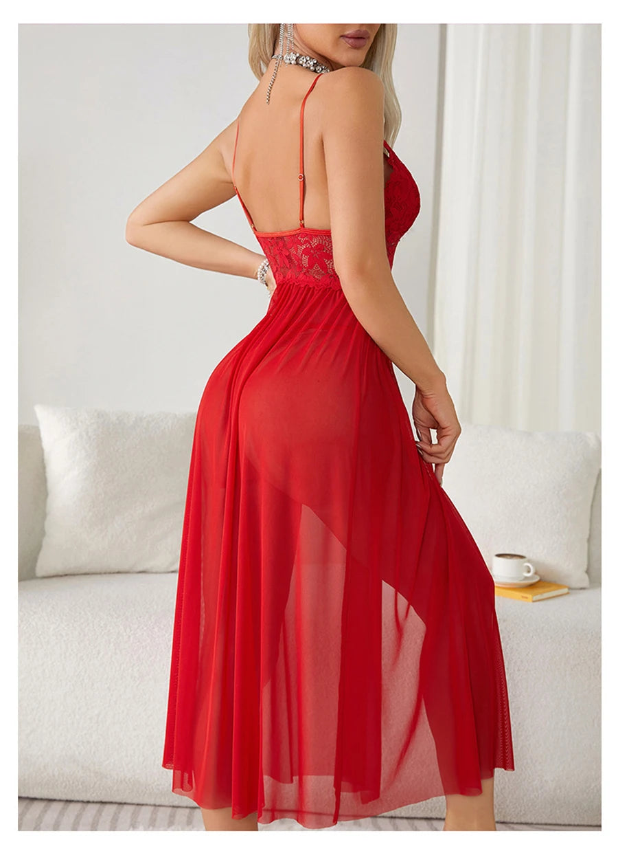 Women Sexy Floral Lace Mesh Nightgown V-Neck Sleeveless High Slit Backless Slip Dress with Bowknot Suspender Lingerie Sleepwear