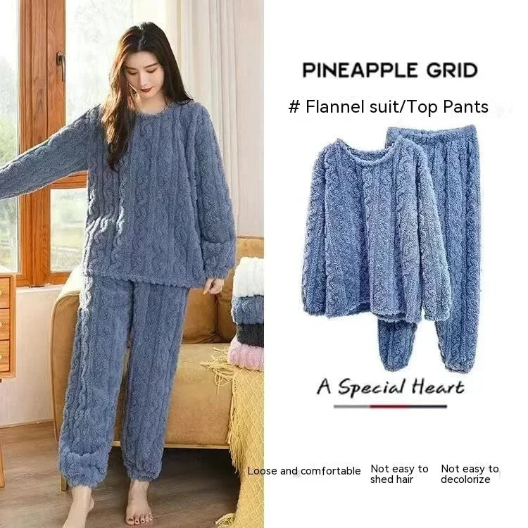 Ensemble pyjama épais et chaud en molleton de corail pour femme, vêtements de maison imprimés de dessins animés, vêtements de nu