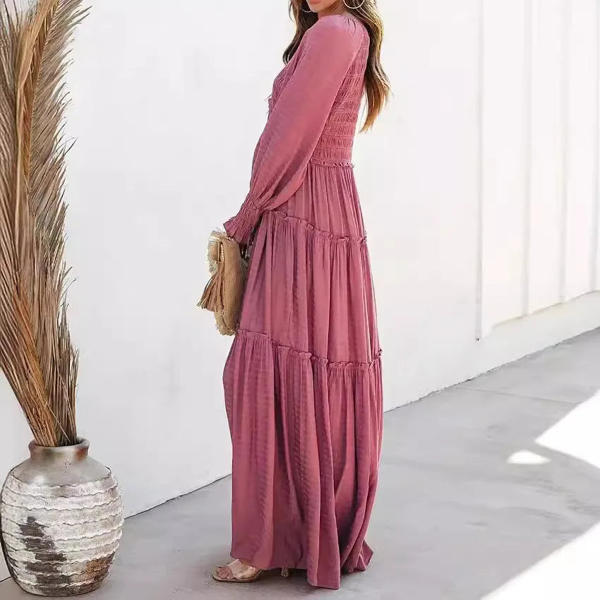 Long Dress Women Vintage V Neck Long Sleeve Dresses Loose Y2k High Waist Shirring Casual Summer Loose 2025 Elegant Slight Strech