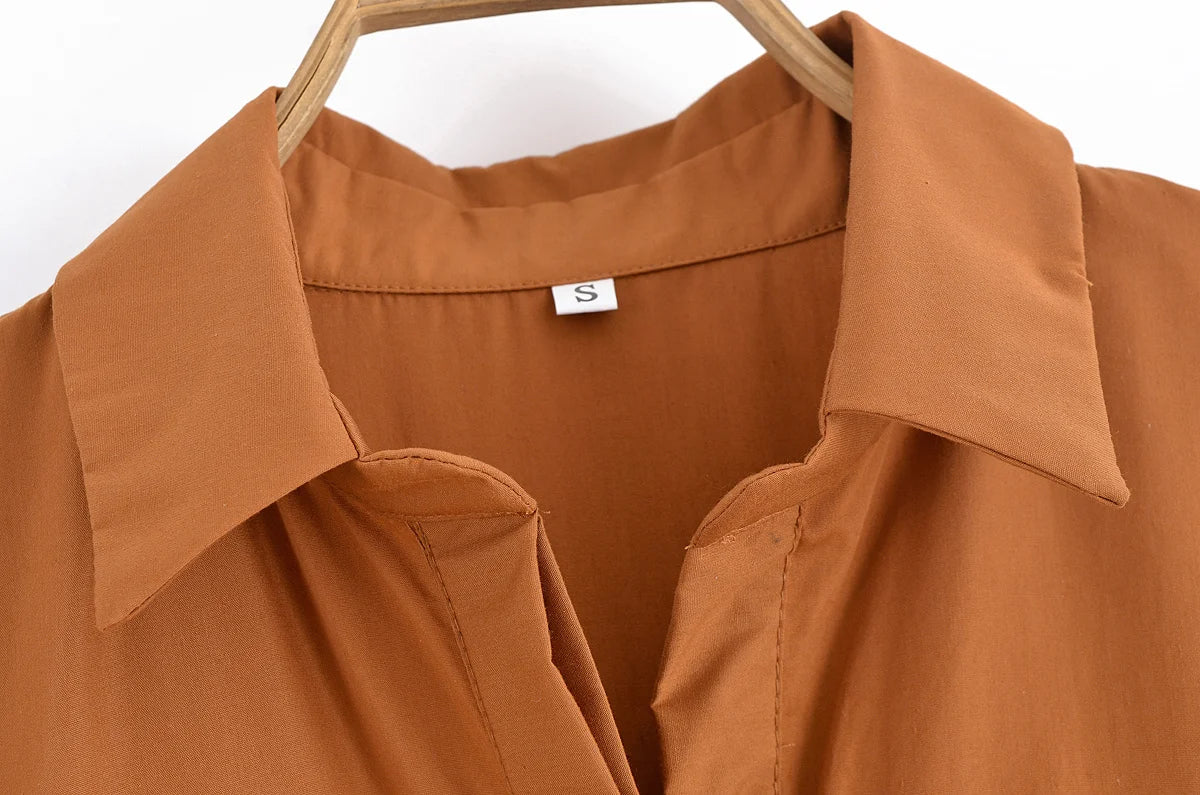 HH Women Summer Lapel Short Sleeve Pocket Single-Breasted Belt Decorate Midi Dress Female Fashion Shirt Style Pleated Dress