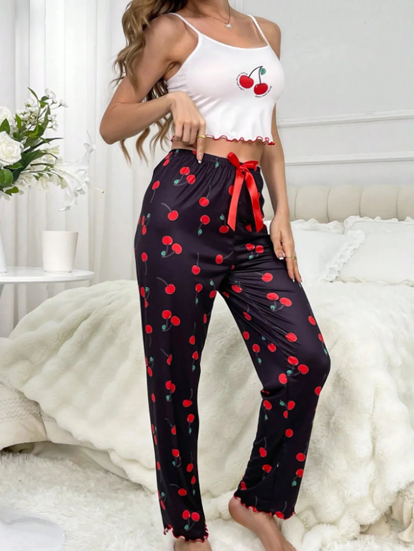 Y2K Coquette Cherry Print Pajama Set Womens Cami Crop Top Pants Two Piece Sleepwear Loungewear Summer Spring Autumn Outfits