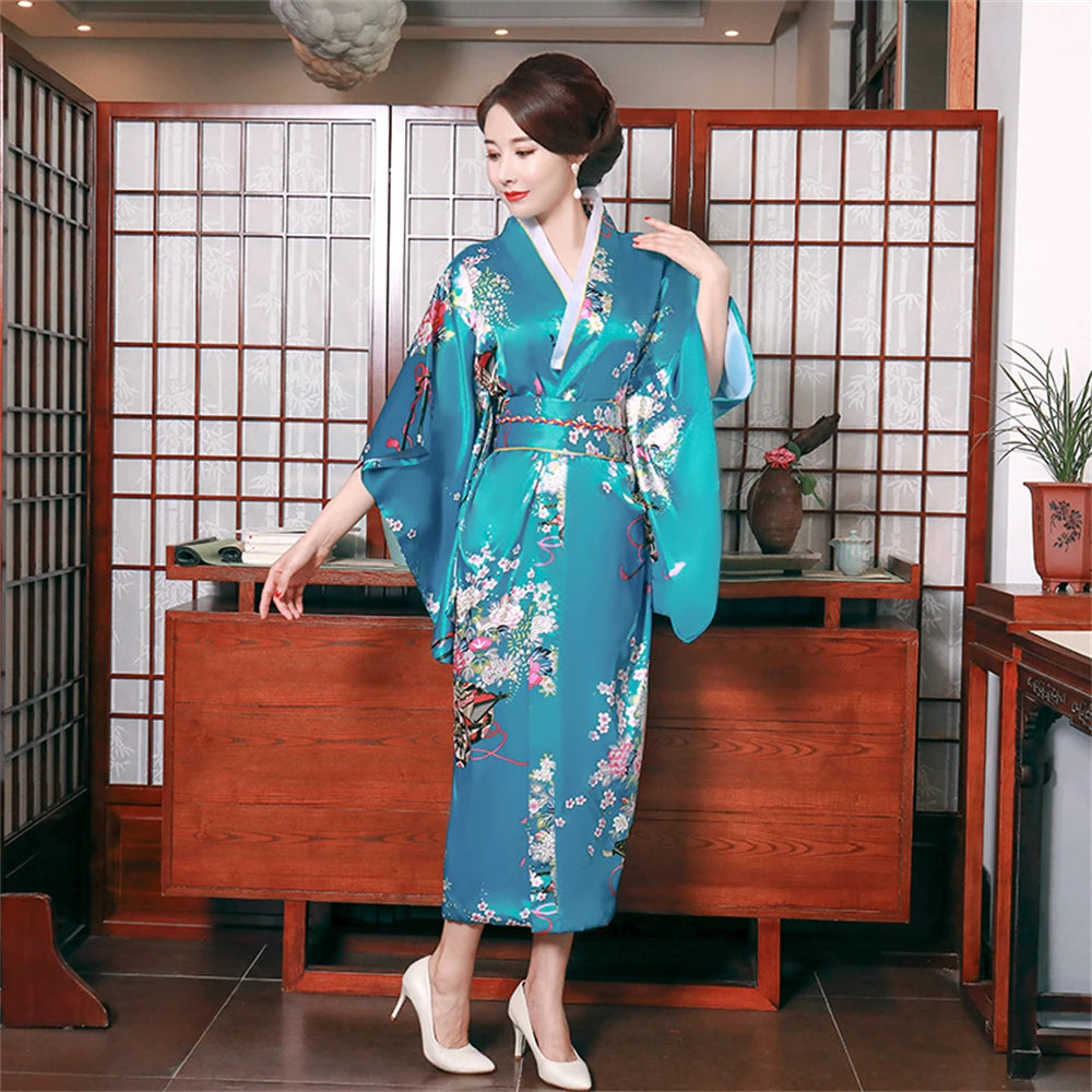 Traditional Japanese Satin Kimono Bathrobe With Obi Women Floral Print Nightgown Yukata Novelty Gown Bridal Homewear Sleepwear