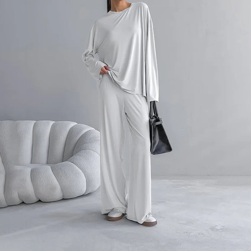 New 2026 Brown Loose Female Sleepwear Suit O-Neck Nightgowns Long Sleeve Nightwear Wide Leg Pants Women's Pajamas 2 Piece Set