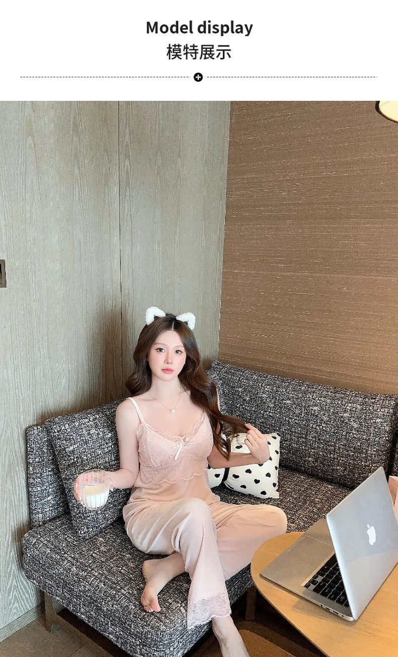 Warm Home Clothes Lady Sexy Lace Flower Trim Nightwear 3Pcs Velour Pajamas Set Luxury Velvet Cami Top&pants Loungewear Winter