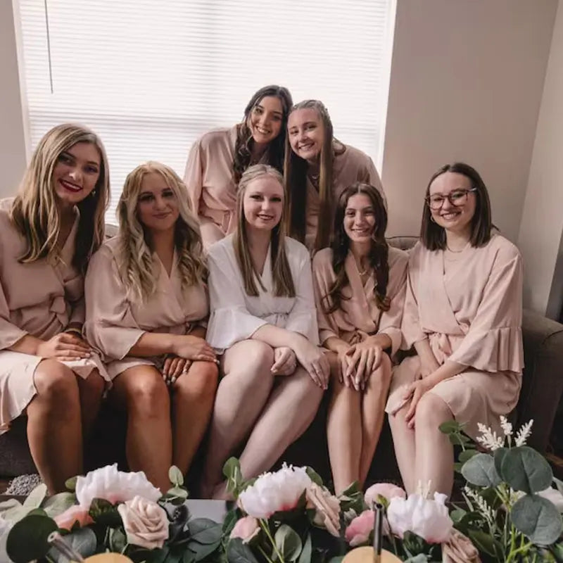 Personalized Bride Bridesmaid Robes Chiffon Ruffle Trim Kimono Birth Flower Ruffle Robe Set Bridal Shower Proposal Dressing Gown