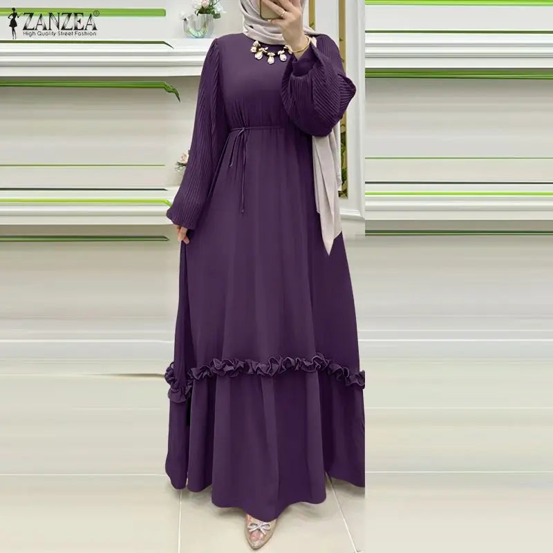 ZANZEA Modest Hijabs Abaya Long Dresses Women Muslim Ramadan O-Neck Pleated Lantern Sleeve Solid Color Ruffles A-Line Robes 3XL