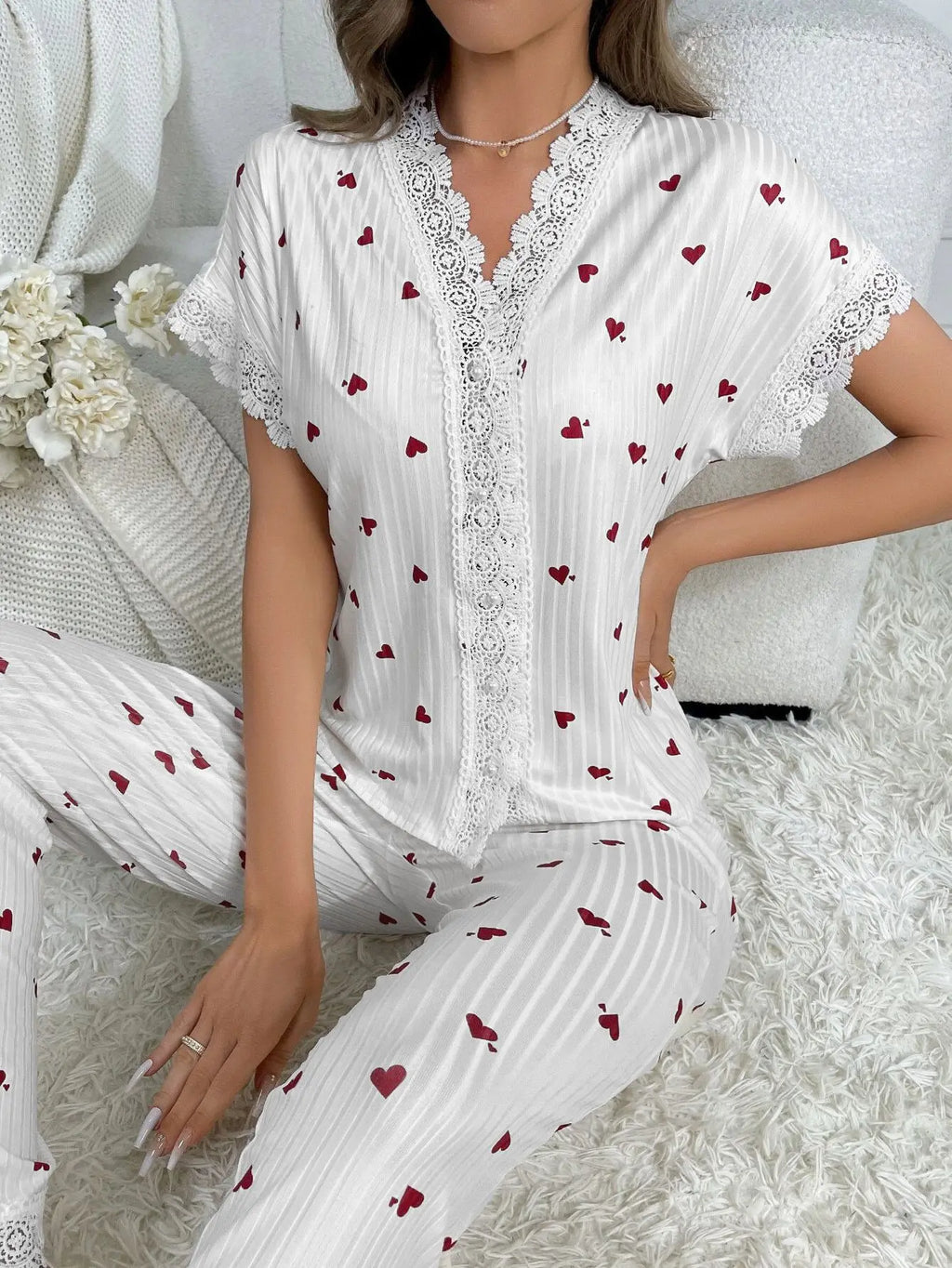 Lace Trim Women Pajama Set Short Sleeve Front Button Top & Full-Length Pants Cherry Print 2 Pieces Sleepwear Nightwear Homewear