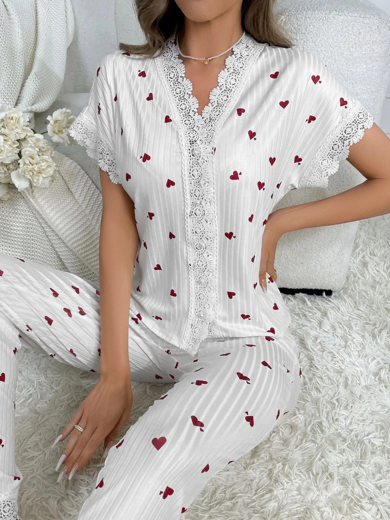 Lace Trim Women Pajama Set Short Sleeve Front Button Top & Full-Length Pants Cherry Print 2 Pieces Sleepwear Nightwear Homewear
