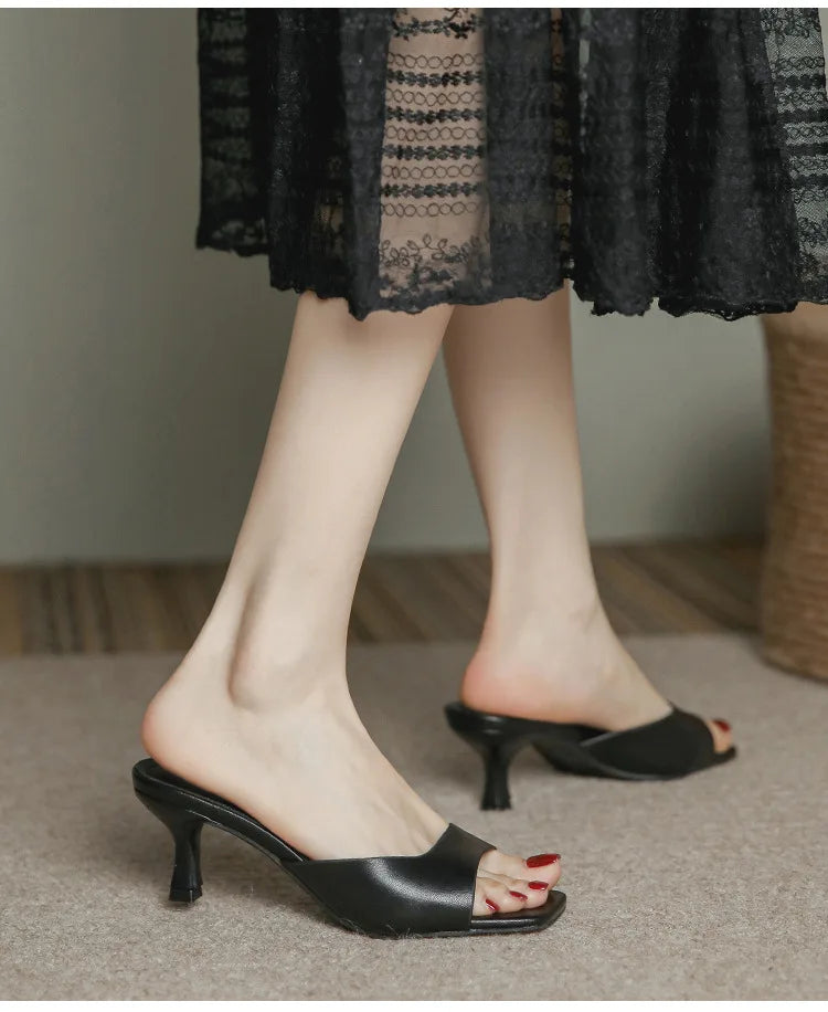 Genuine Leather French Slim Heel Slippers for Women's Summer New Fashionable Sandals Women Sweet Round Toe Slipper Ladies Shoes